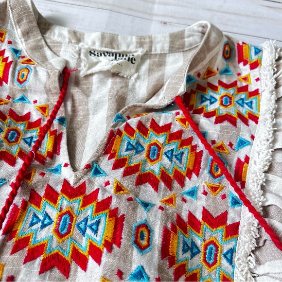 Savanna Jane Aztec Embroidered Ruffle Sleeve Too in Red White Blue Tan size S - Picture 7 of 14